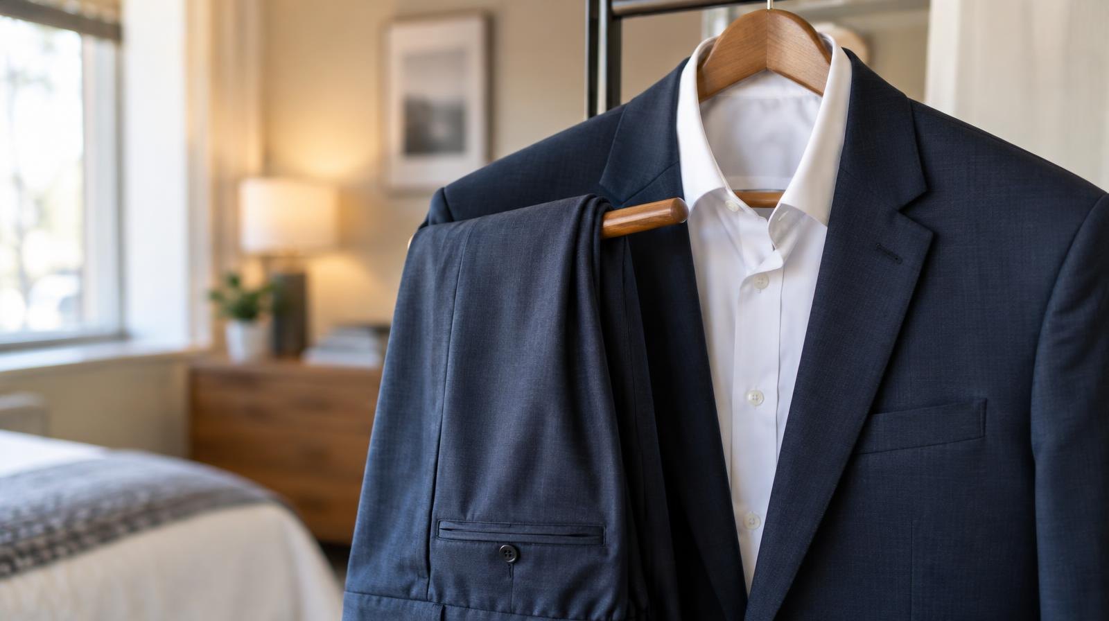 A pressed blazer and collared shirt hanging neatly on a wooden hanger.