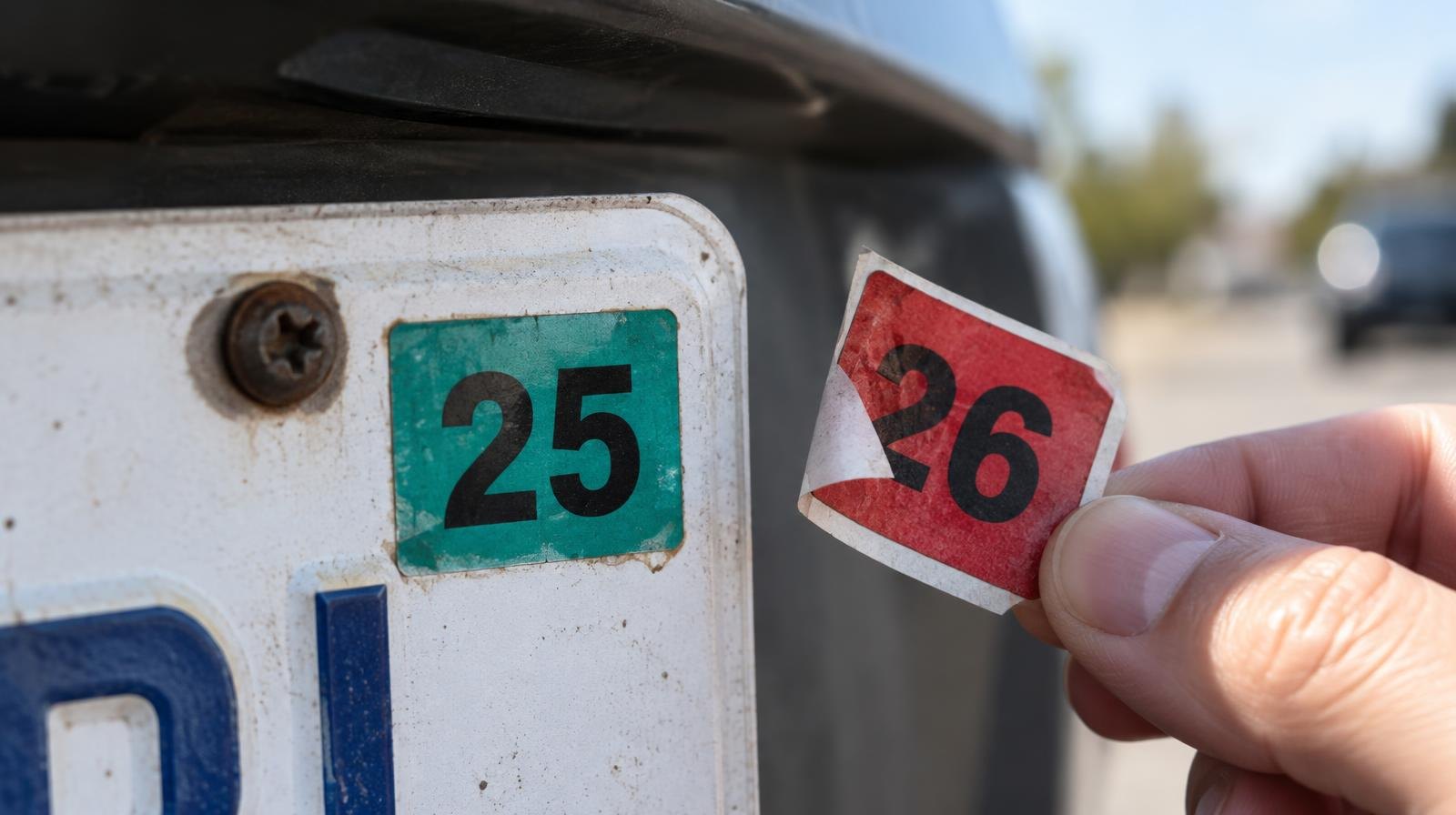 Close-up of a colorful registration sticker on a car license plate corner.