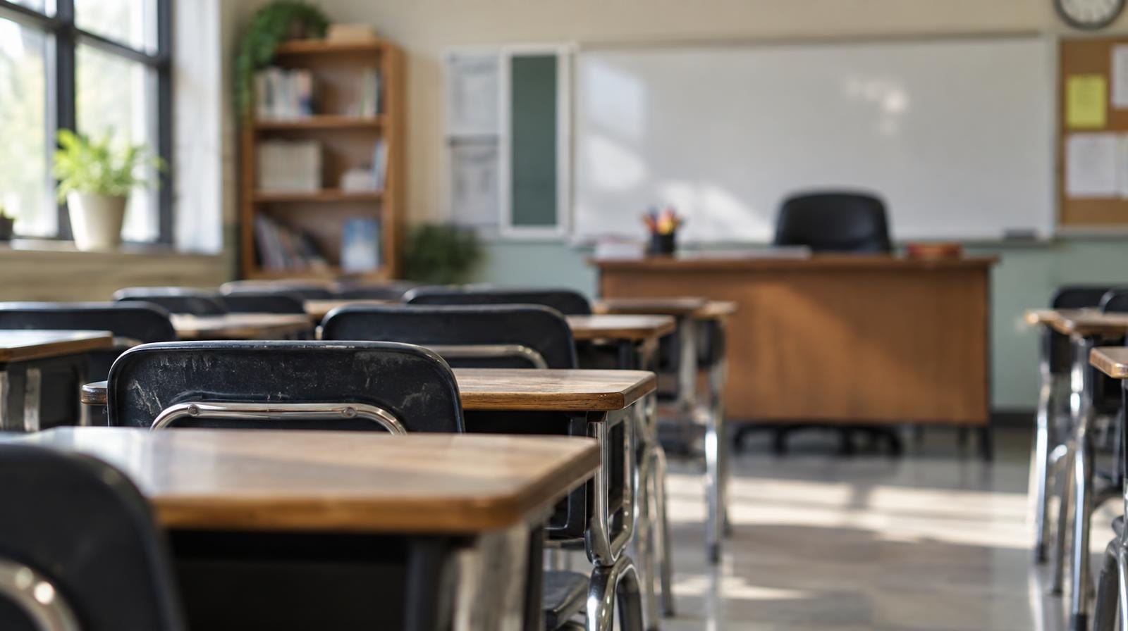 Empty classroom with rows of student desks and an unoccupied teacher's desk at the front.