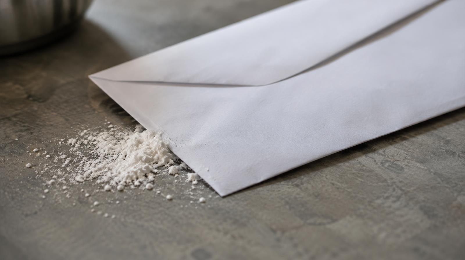 White envelope lying on a surface with white powder spilled nearby.