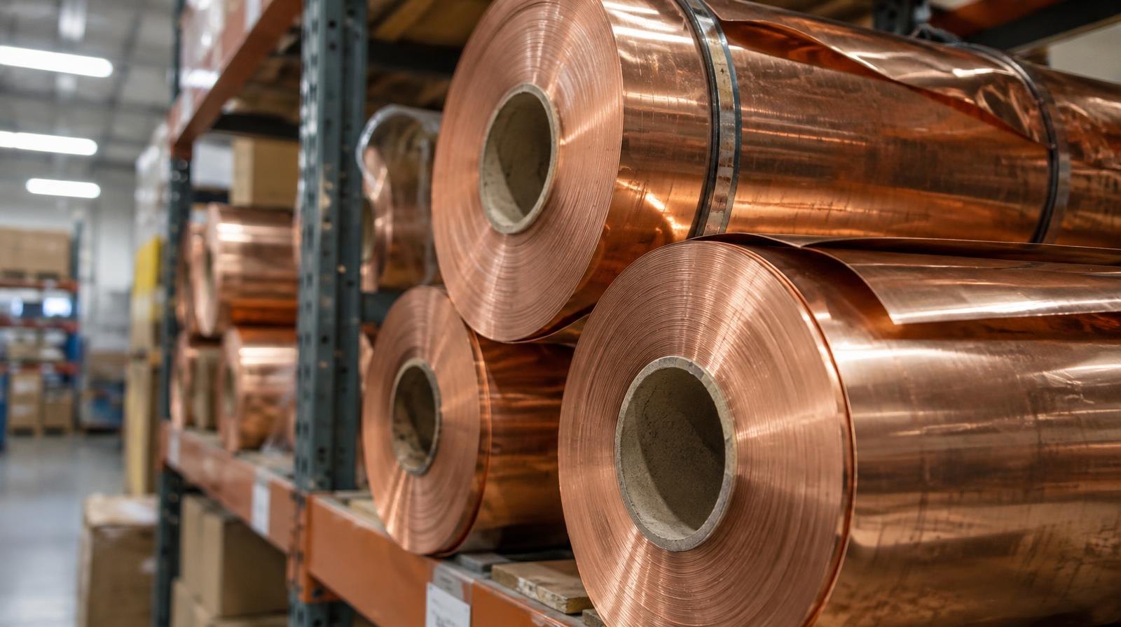 Shiny copper foil rolls stacked on an industrial warehouse shelf.