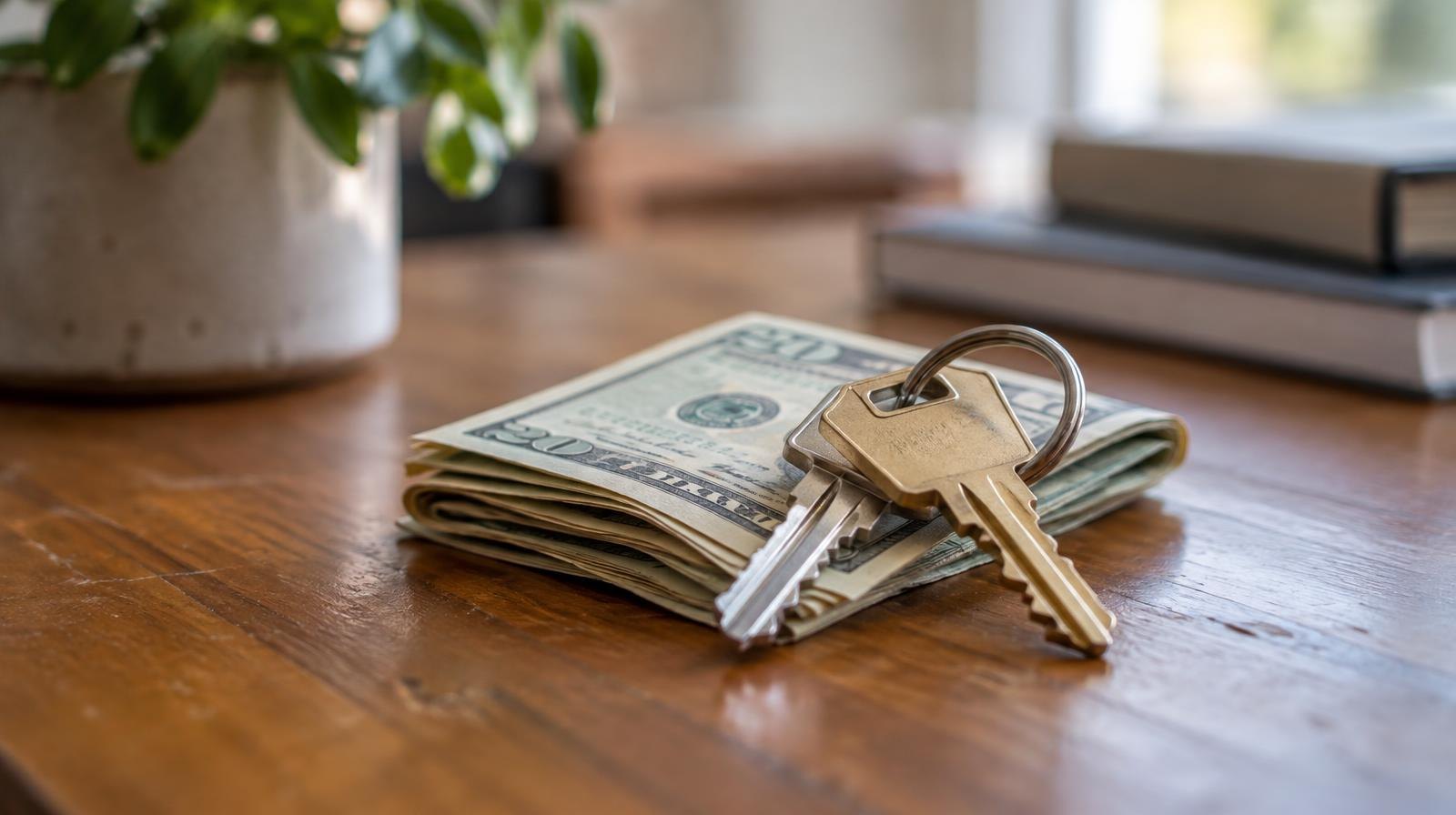 House keys resting on folded dollar bills on a wooden table.