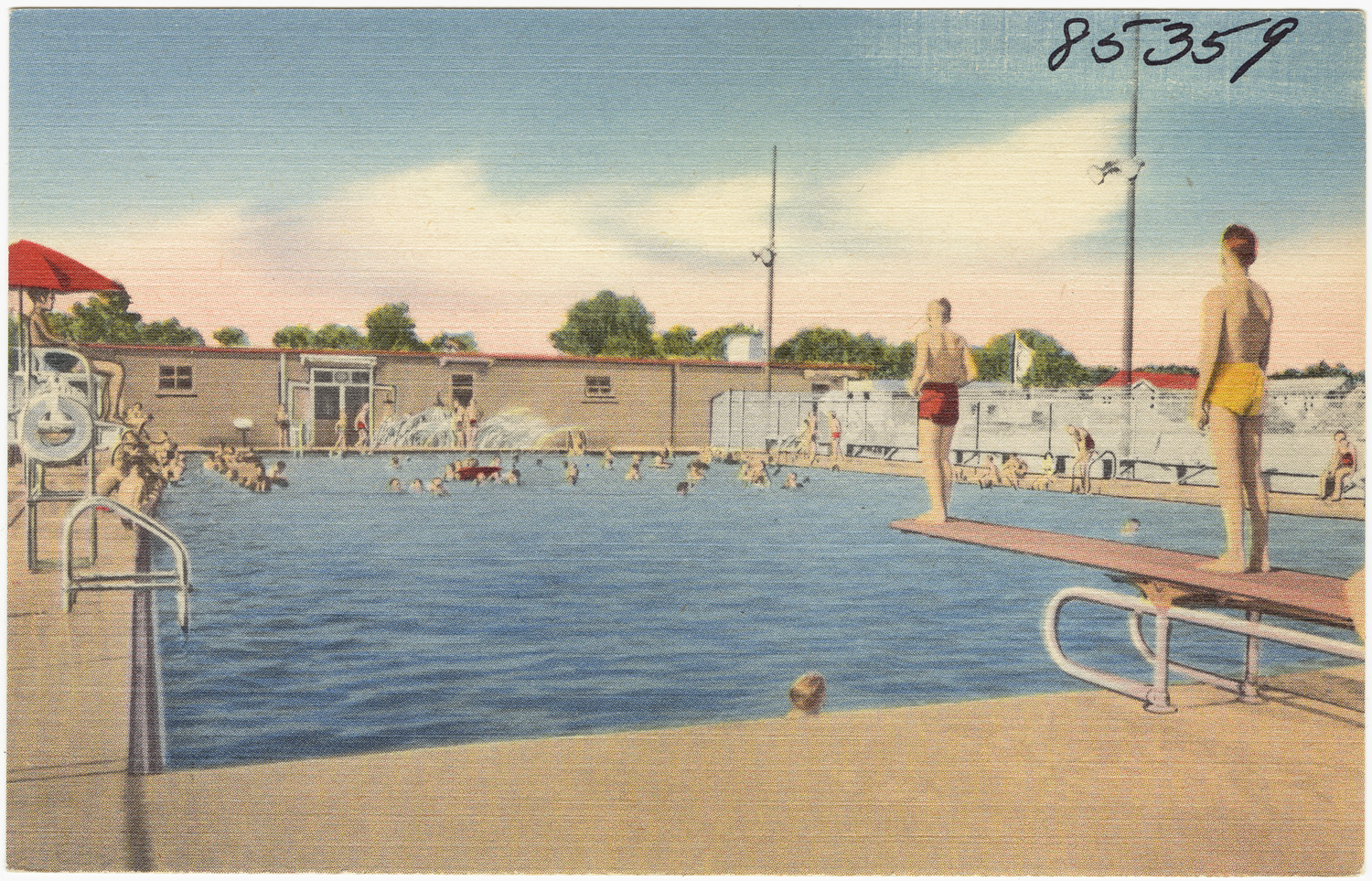 Vintage postcard showing an outdoor public pool with swimmers and a diving board.
