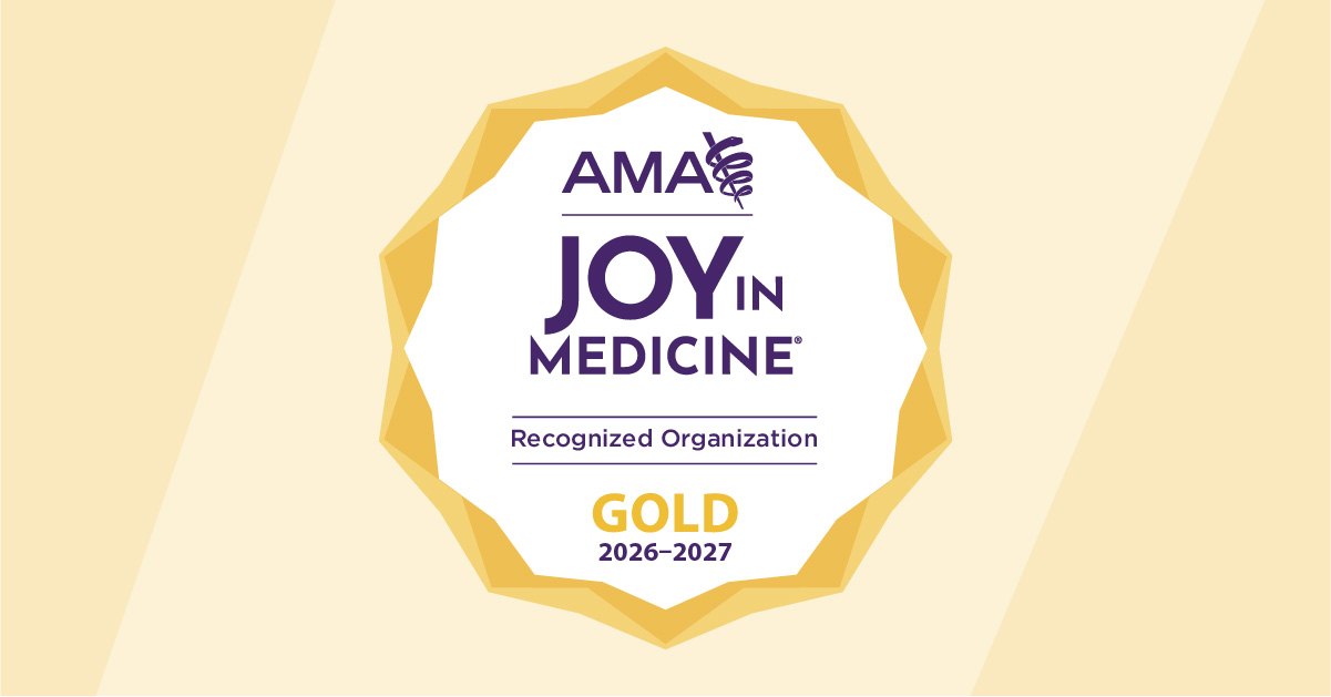 Gold star-burst badge reading AMA Joy in Medicine Recognized Organization Gold 2026–2027.