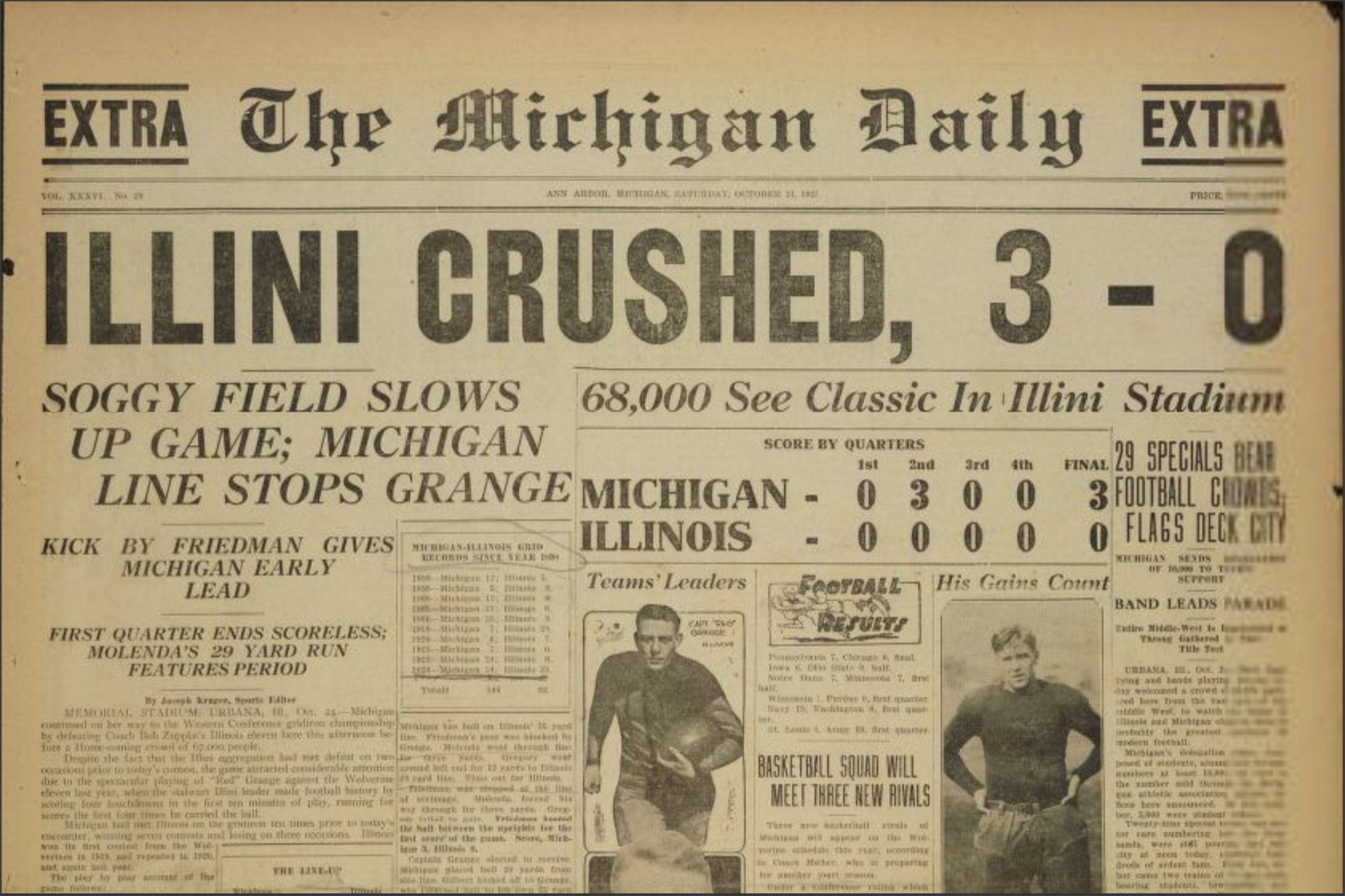 Vintage newspaper front page with the headline 'Illini Crushed, 3-0' in large bold type.
