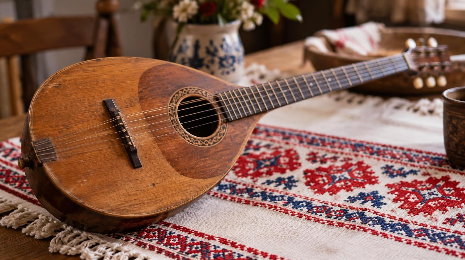 A stringed instrument resting on a colorful embroidered textile with geometric patterns.