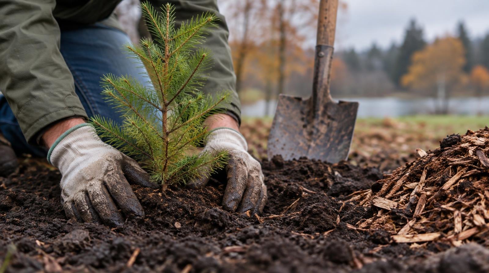 A small conifer sapling planted in dark soil next to a shovel and mulch pile.