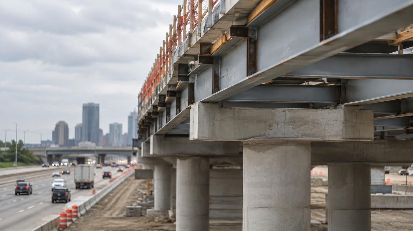 Concrete columns and steel framework form a freeway cover deck over highway lanes.