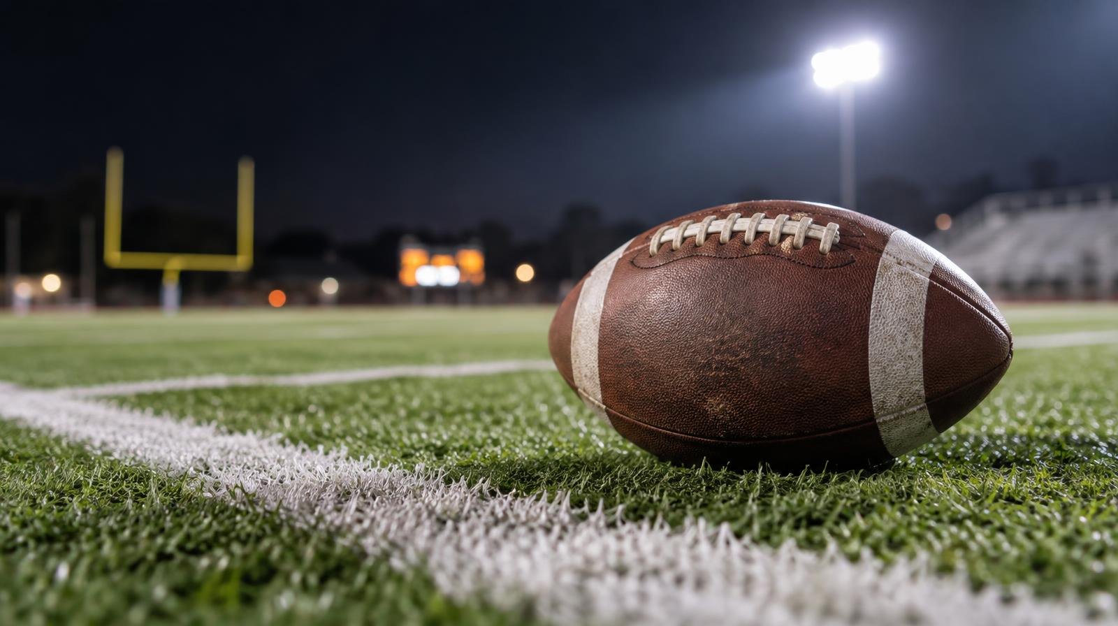 An American football on green artificial turf beside a white yard line under bright stadium lights.