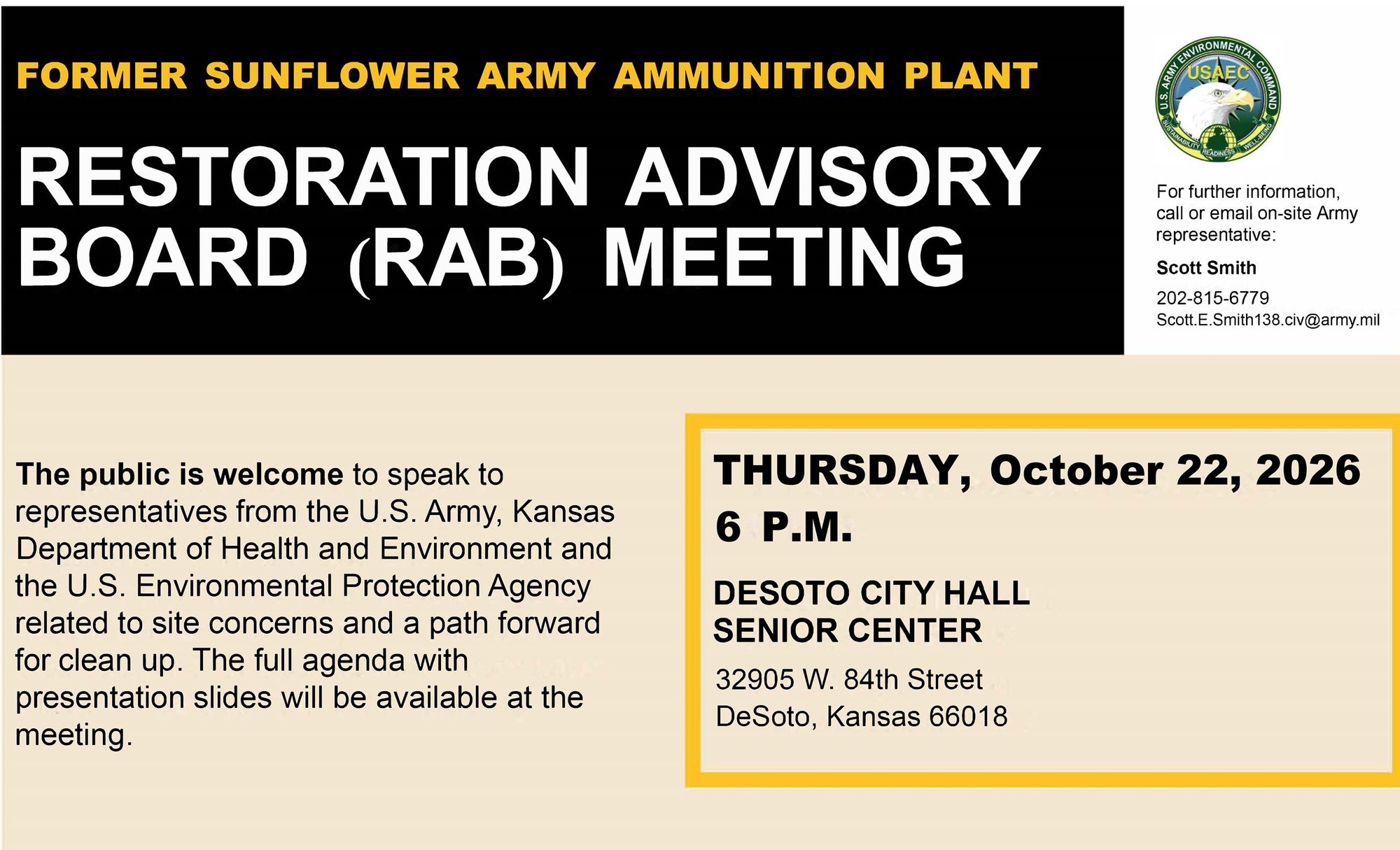Event announcement flyer for a public meeting about an Army ammunition plant cleanup.