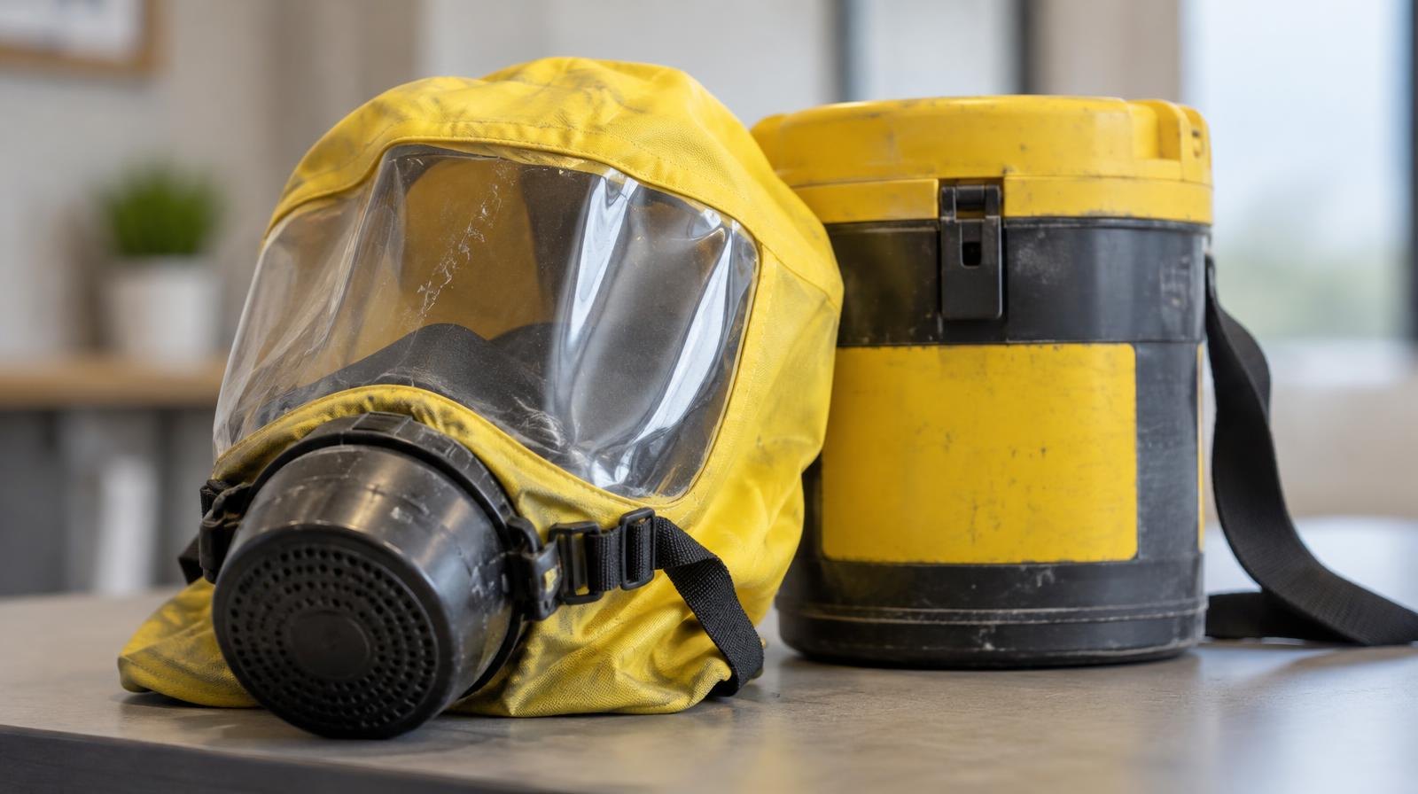 A compact smoke escape hood with a clear visor resting beside its cylindrical storage canister.