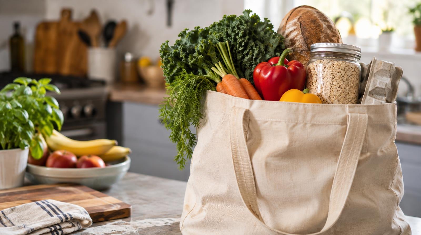 Canvas grocery bag filled with fresh vegetables and pantry items on a counter.