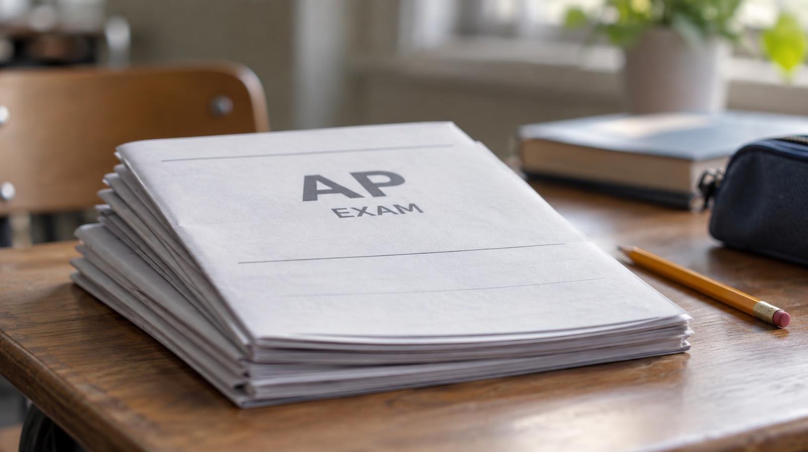 A stack of exam booklets and a sharpened pencil on a wooden desk.