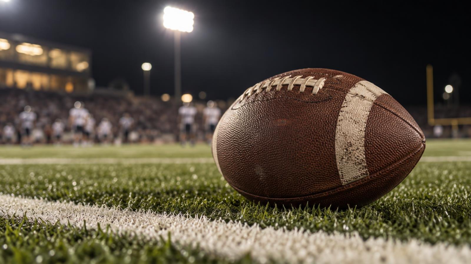 An American football on green turf near a white yard line under bright stadium lights.