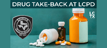 Promotional graphic for a drug take-back event showing pill bottles and a police badge.