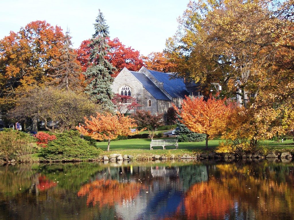 First Congregational Church of Greenwich in the fall, taken from across the pond in Binney Park in Old Greenwich.