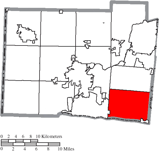 Map of Butler County, Ohio with one township highlighted in red in the lower right.