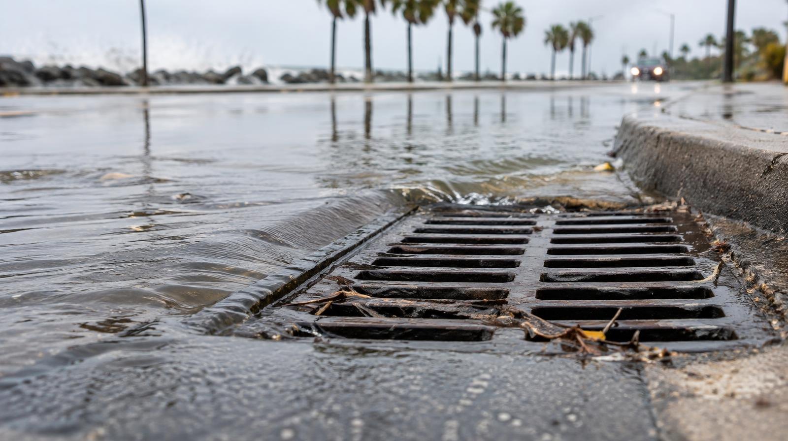 Flooded street with standing water pooling around a stormwater drainage grate.