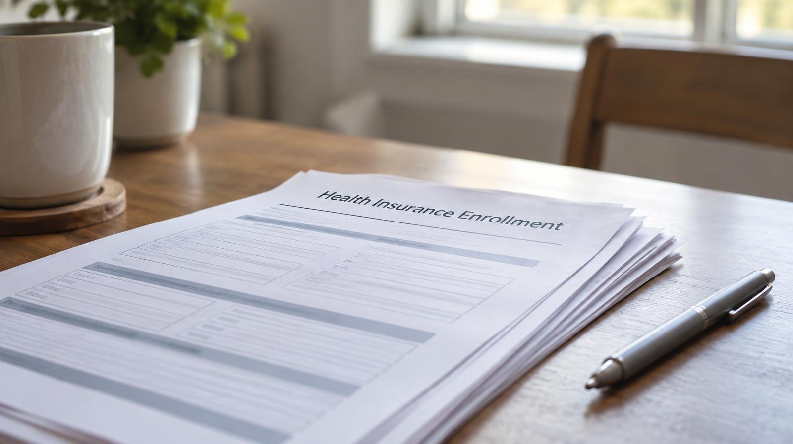 A stack of government enrollment forms on a desk beside a pen.