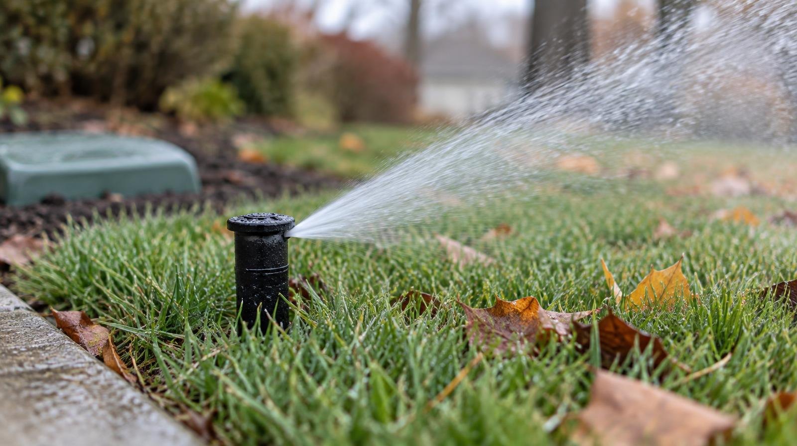 A lawn sprinkler head spraying water near a metal shutoff valve in grass.