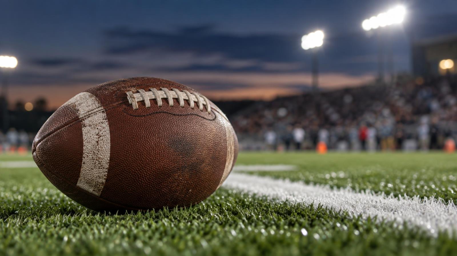 An American football on green artificial turf beside a white yard line under bright lights.
