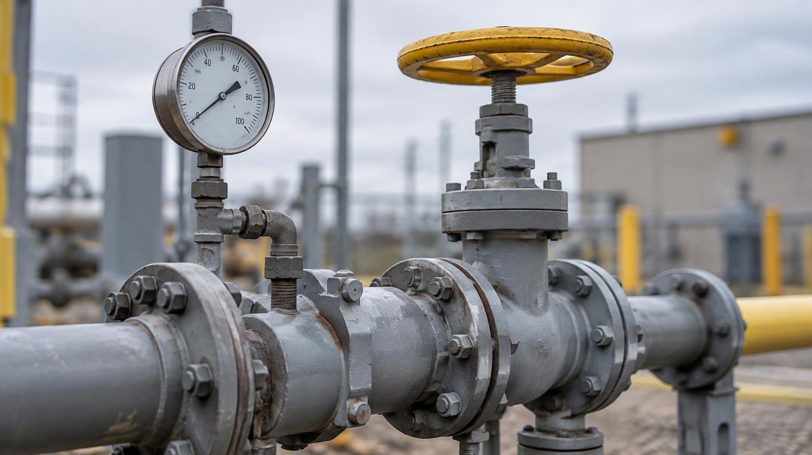 A metal valve and meter assembly on an industrial gas pipeline outdoors.