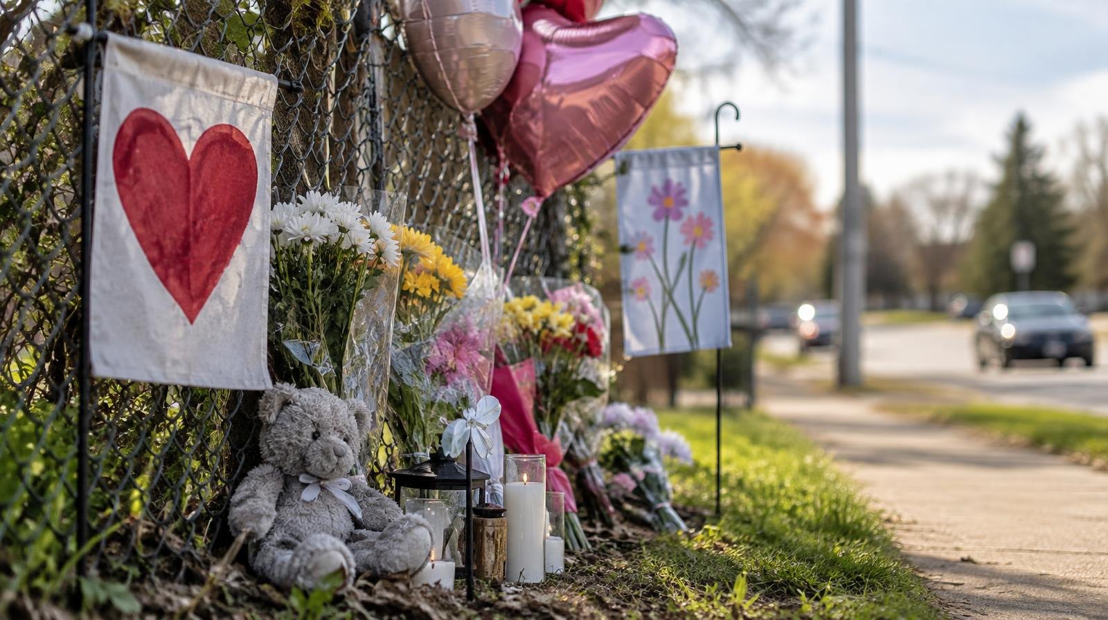 Flowers, balloons, and small garden flags placed along a chain-link fence at a roadside memorial.