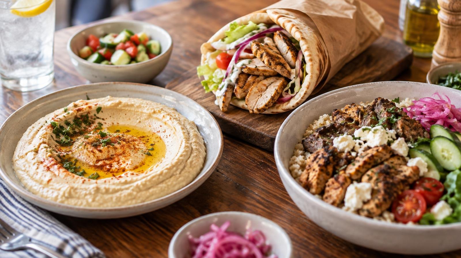 Overhead view of hummus, a pita pocket, and a grain bowl on a wooden table.