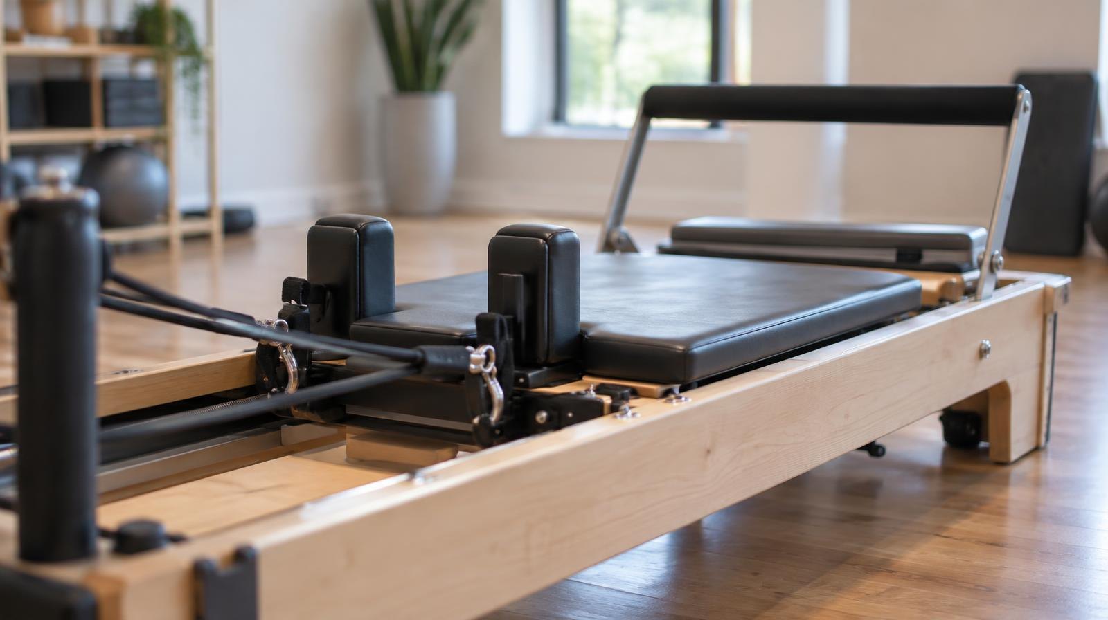 A Pilates reformer machine with a padded carriage and resistance springs on a hardwood floor.