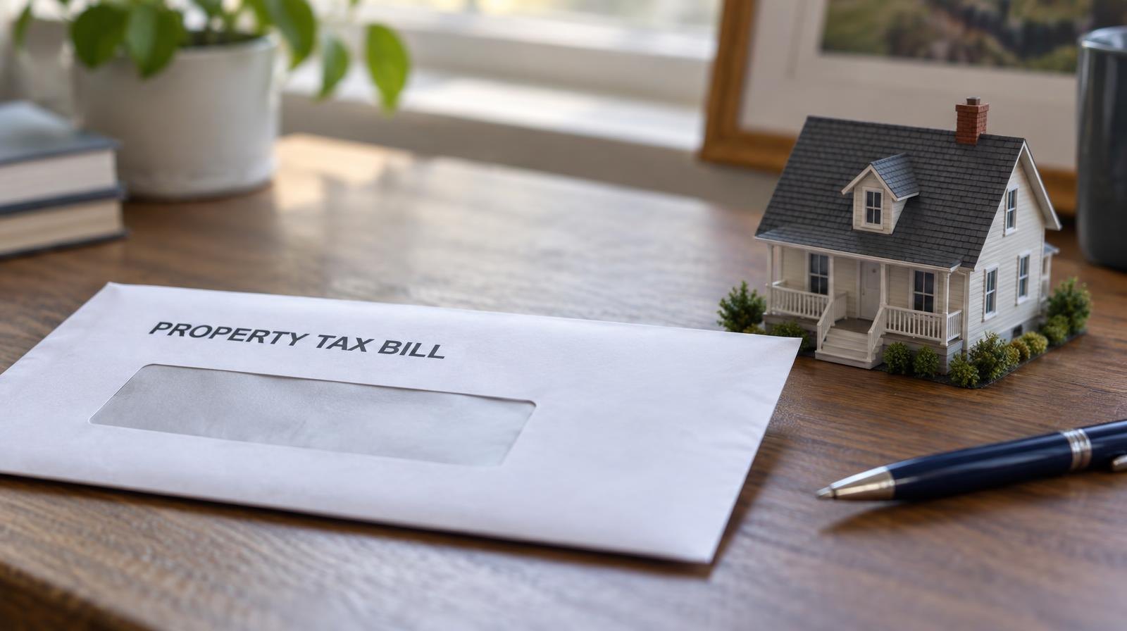 A tax bill envelope beside a small model house and a pen on a wooden desk.