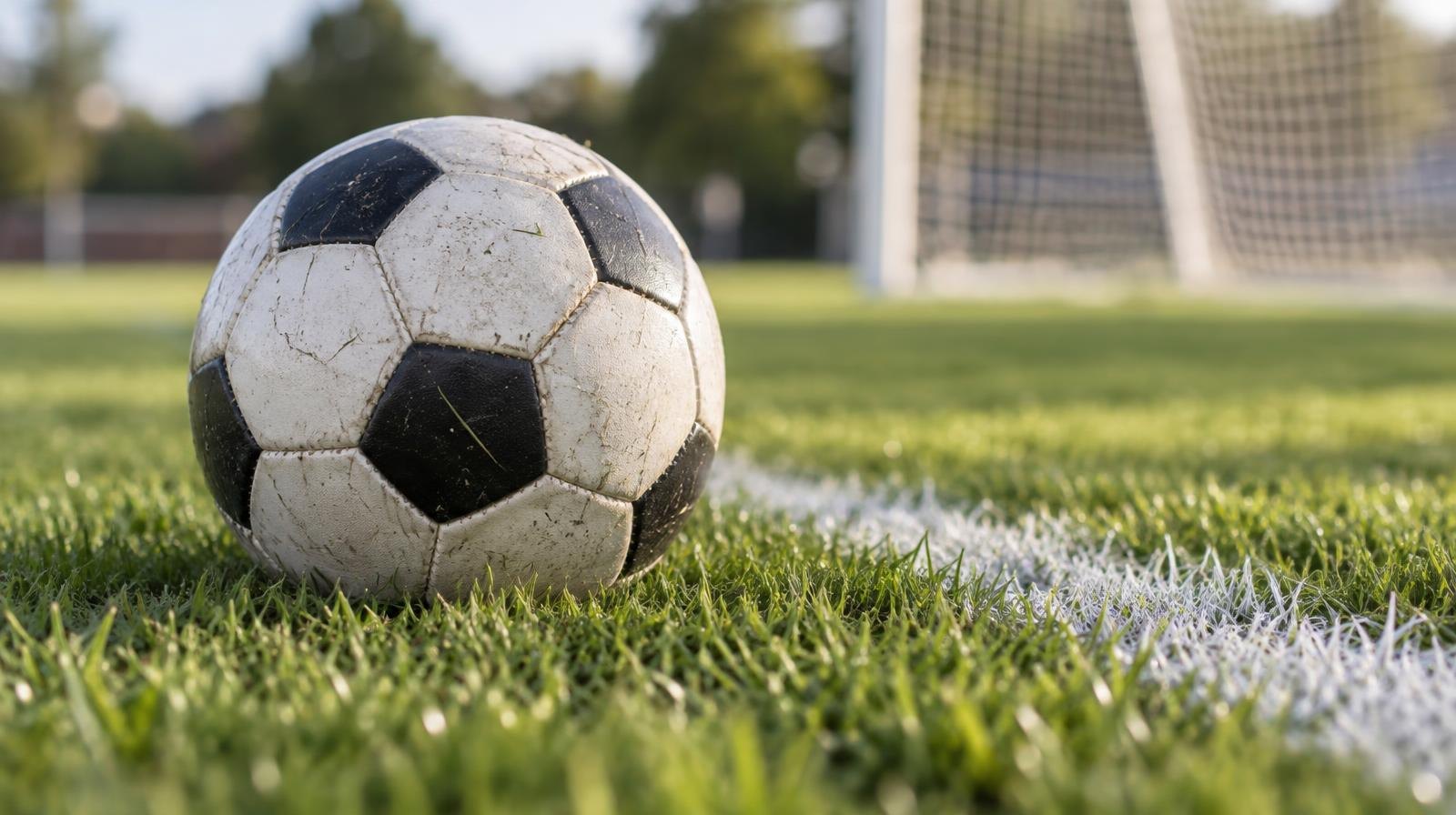A black-and-white soccer ball on a green grass field near a white painted line.