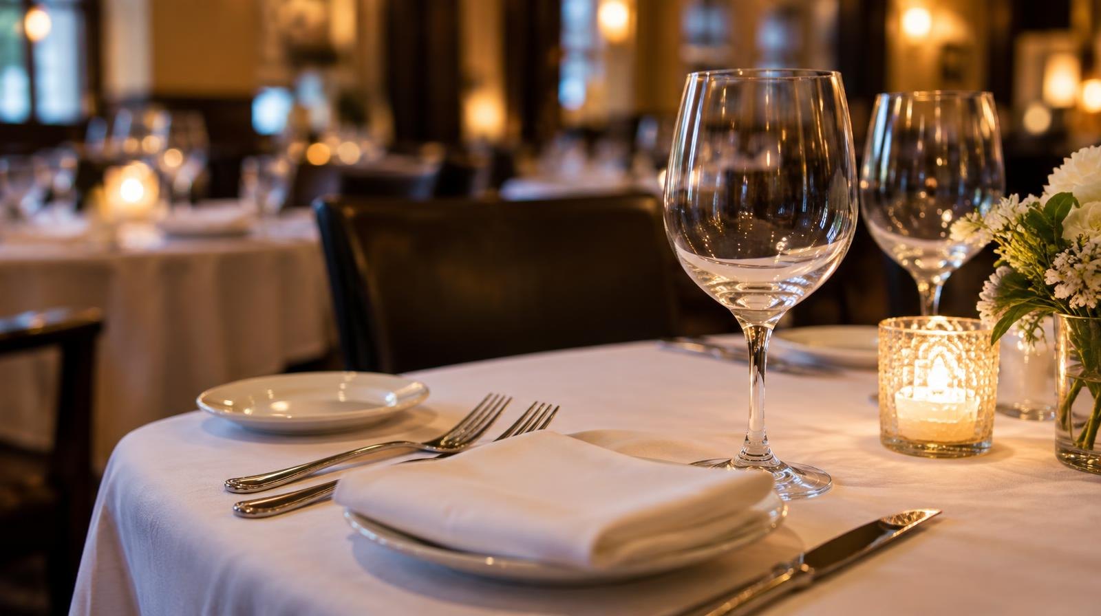 Dinner table with wine glasses, folded napkins, and silverware on a white tablecloth.