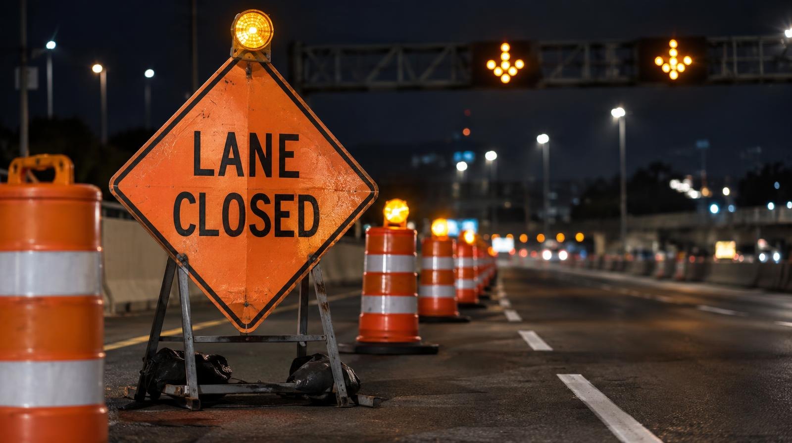 Orange construction signs and traffic cones on a closed highway lane at night.