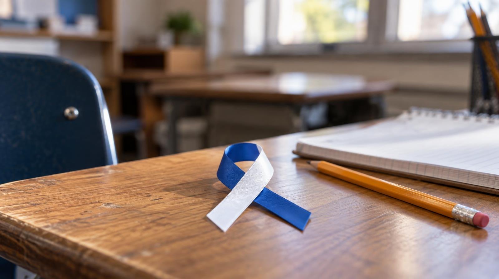 A blue and white ribbon on a wooden school desk beside a pencil and open notebook.