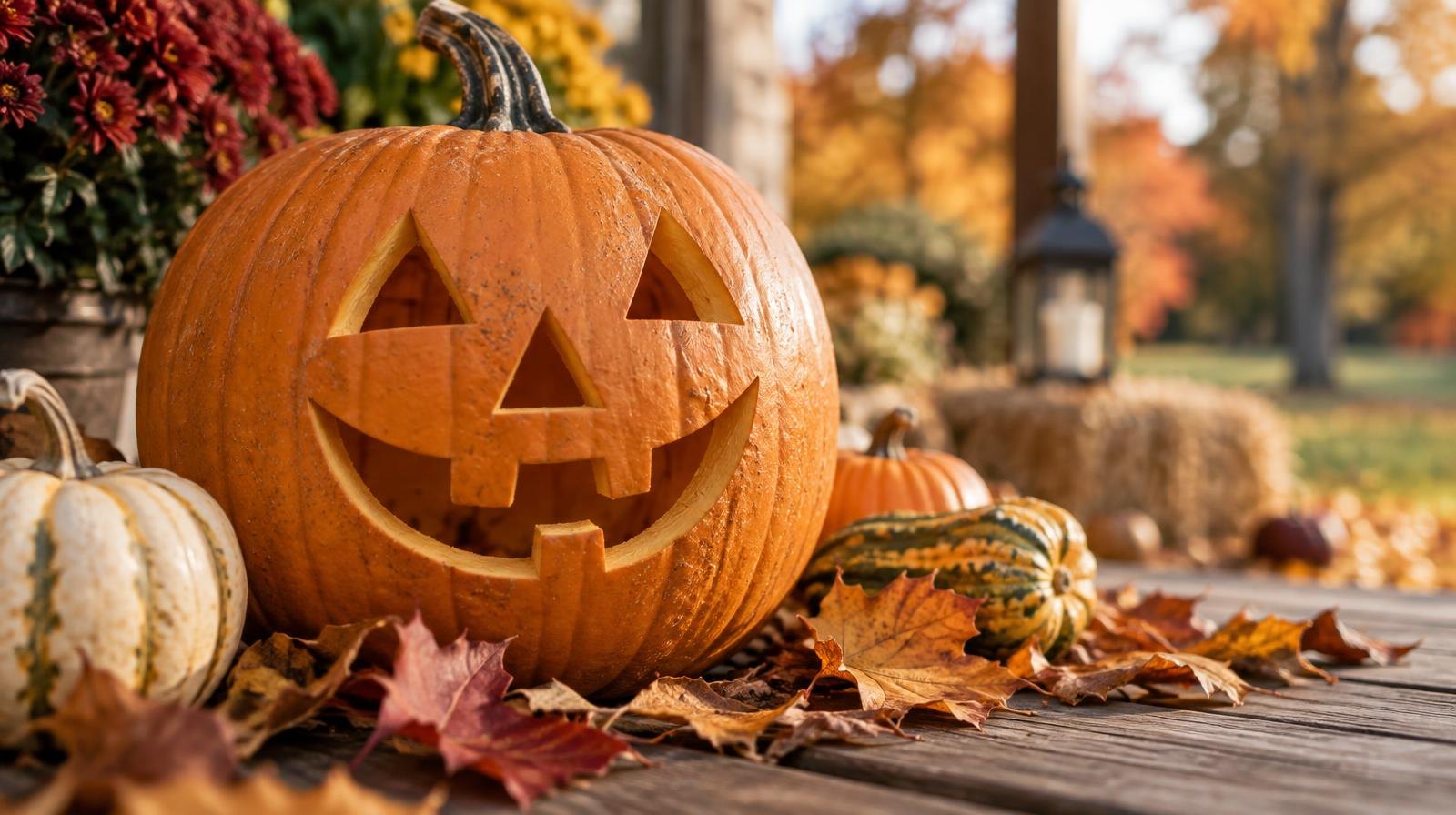 A carved jack-o-lantern pumpkin surrounded by autumn leaves and small gourds.