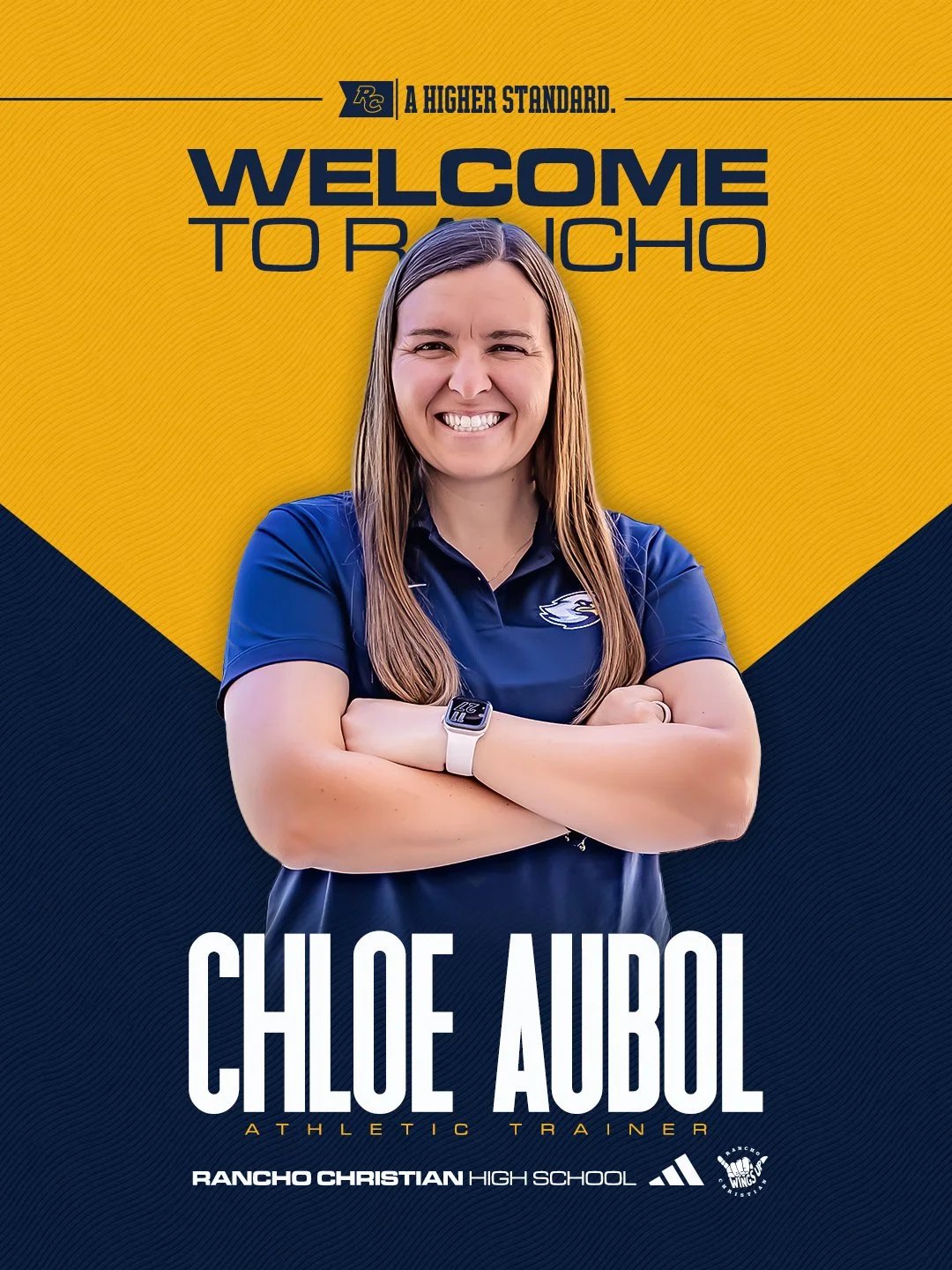 Welcome graphic showing a woman in a navy polo shirt with text naming her as athletic trainer.