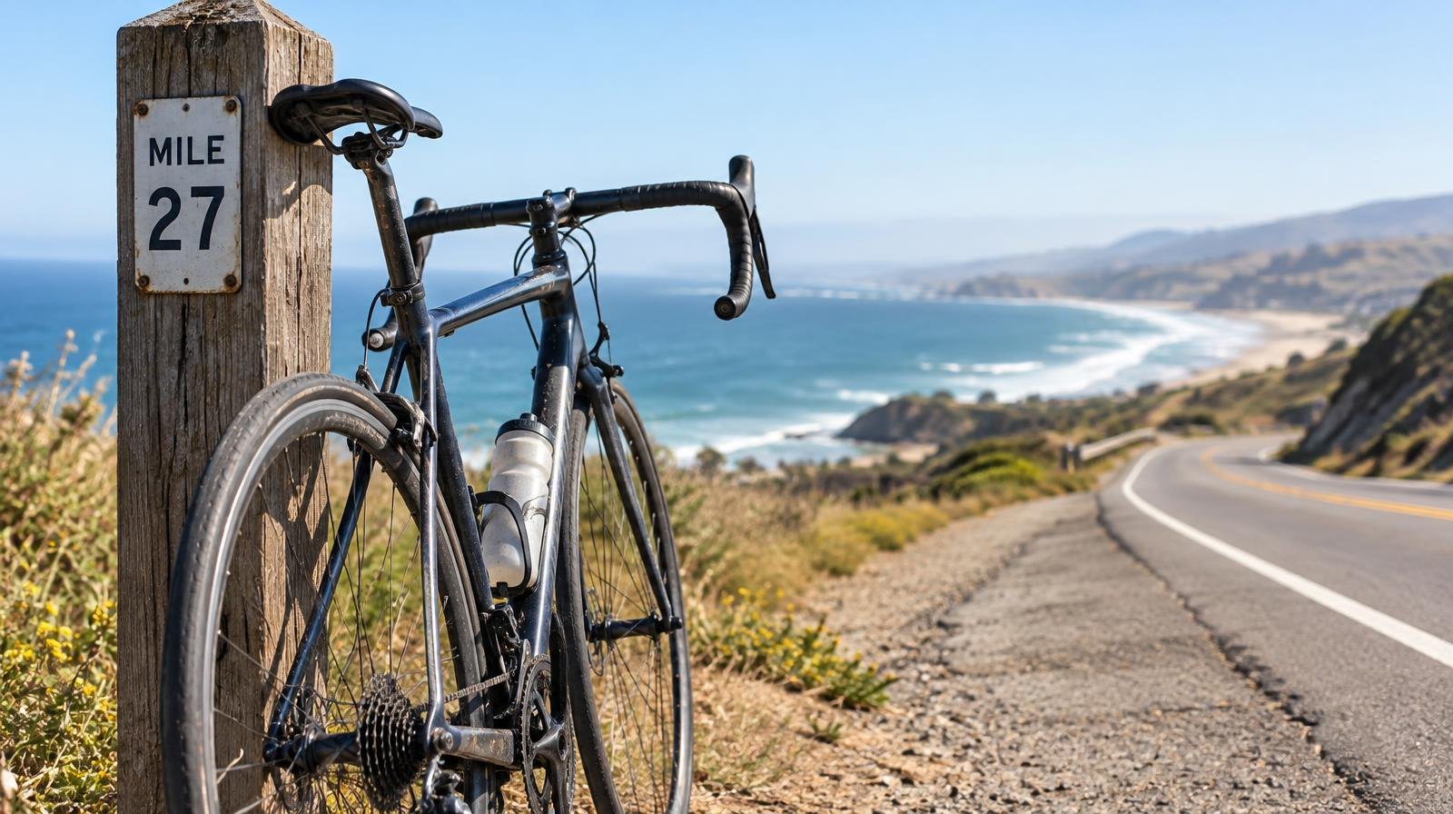 A road bicycle leaning against a wooden mileage marker post on a sunny coastal highway.
