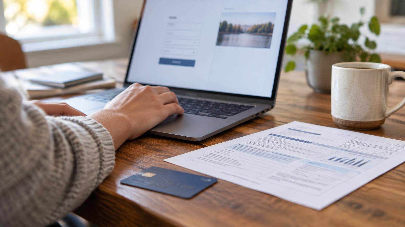 Open laptop on a desk beside a bill envelope, credit card, and coffee mug.