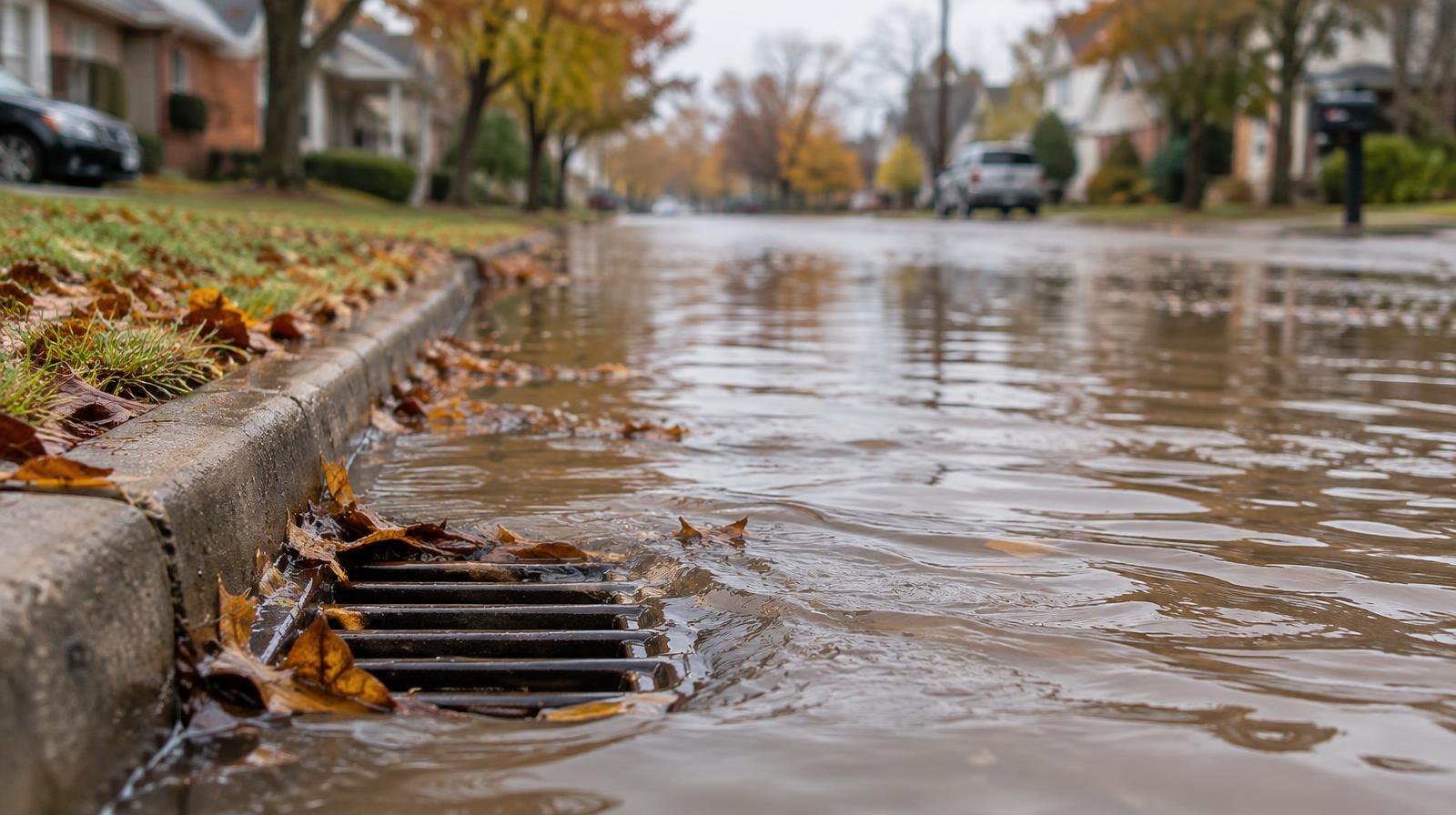 A suburban street partially submerged in murky brown floodwater on an overcast day.