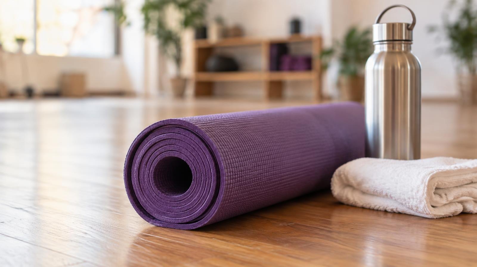 A rolled-up purple yoga mat beside a white towel and stainless-steel water bottle on a wooden floor.