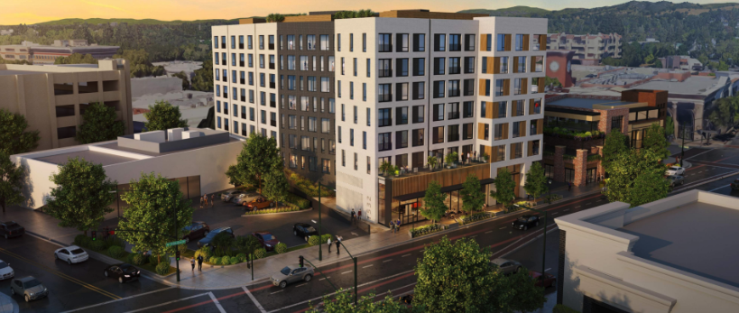 Architectural rendering of an eight-story mixed-use apartment building proposed at 1532 Mt. Diablo Boulevard in downtown Walnut Creek.