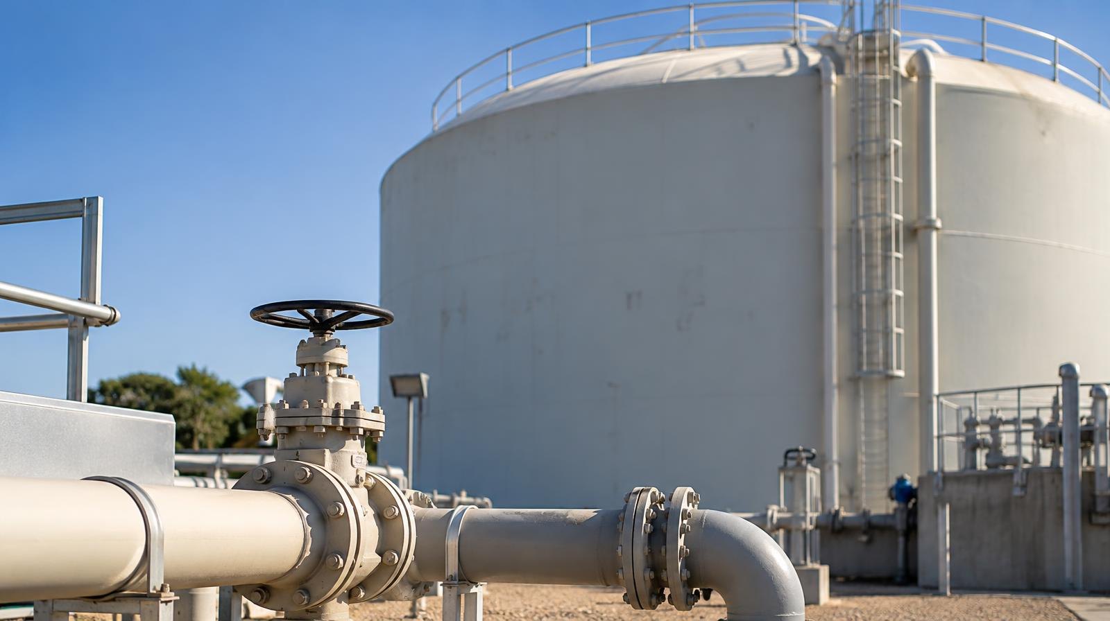 Large cylindrical water storage tank and industrial pipes under a clear blue sky.