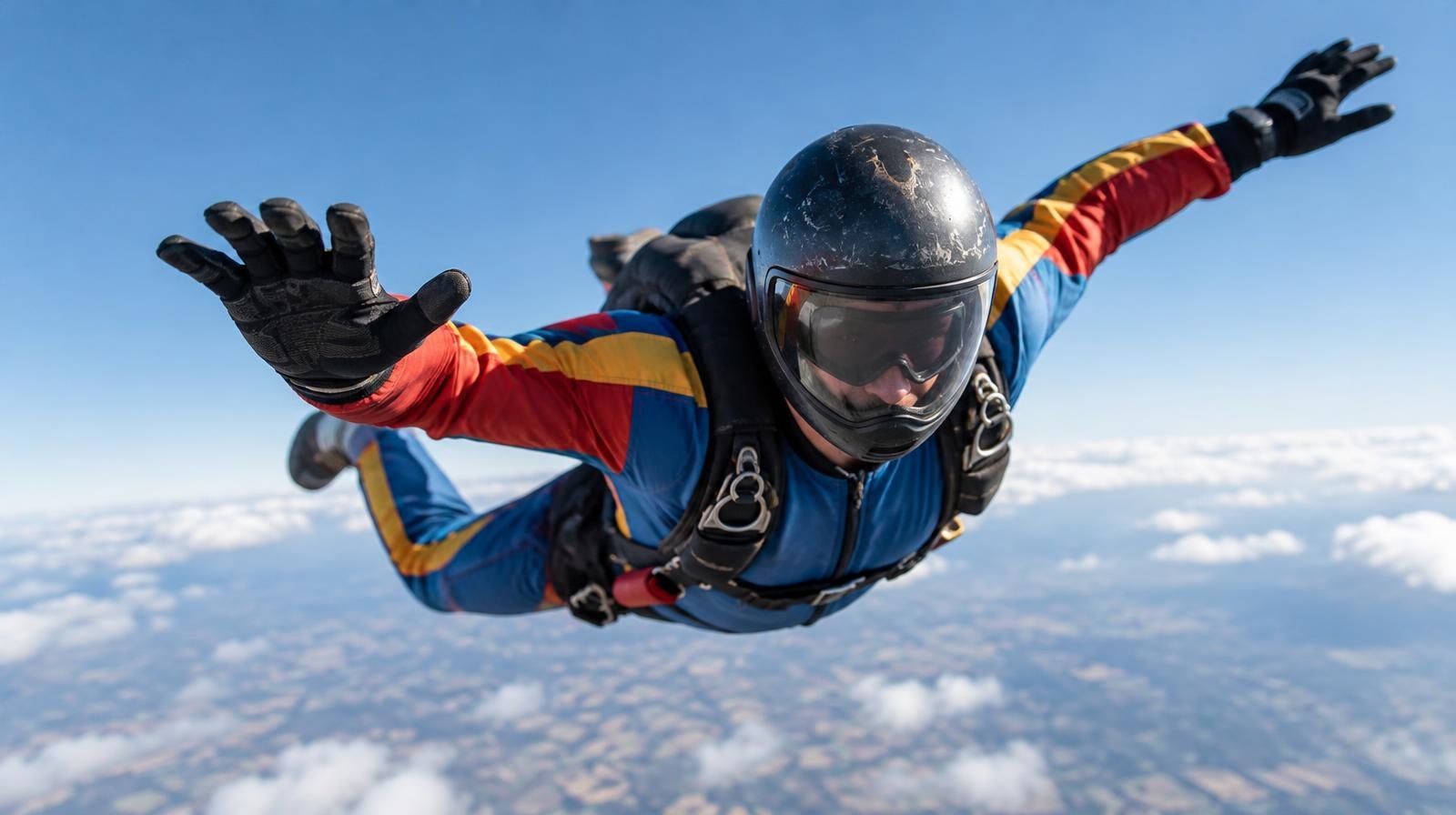 A skydiver in a colorful jumpsuit falling through a clear blue sky with arms spread wide.