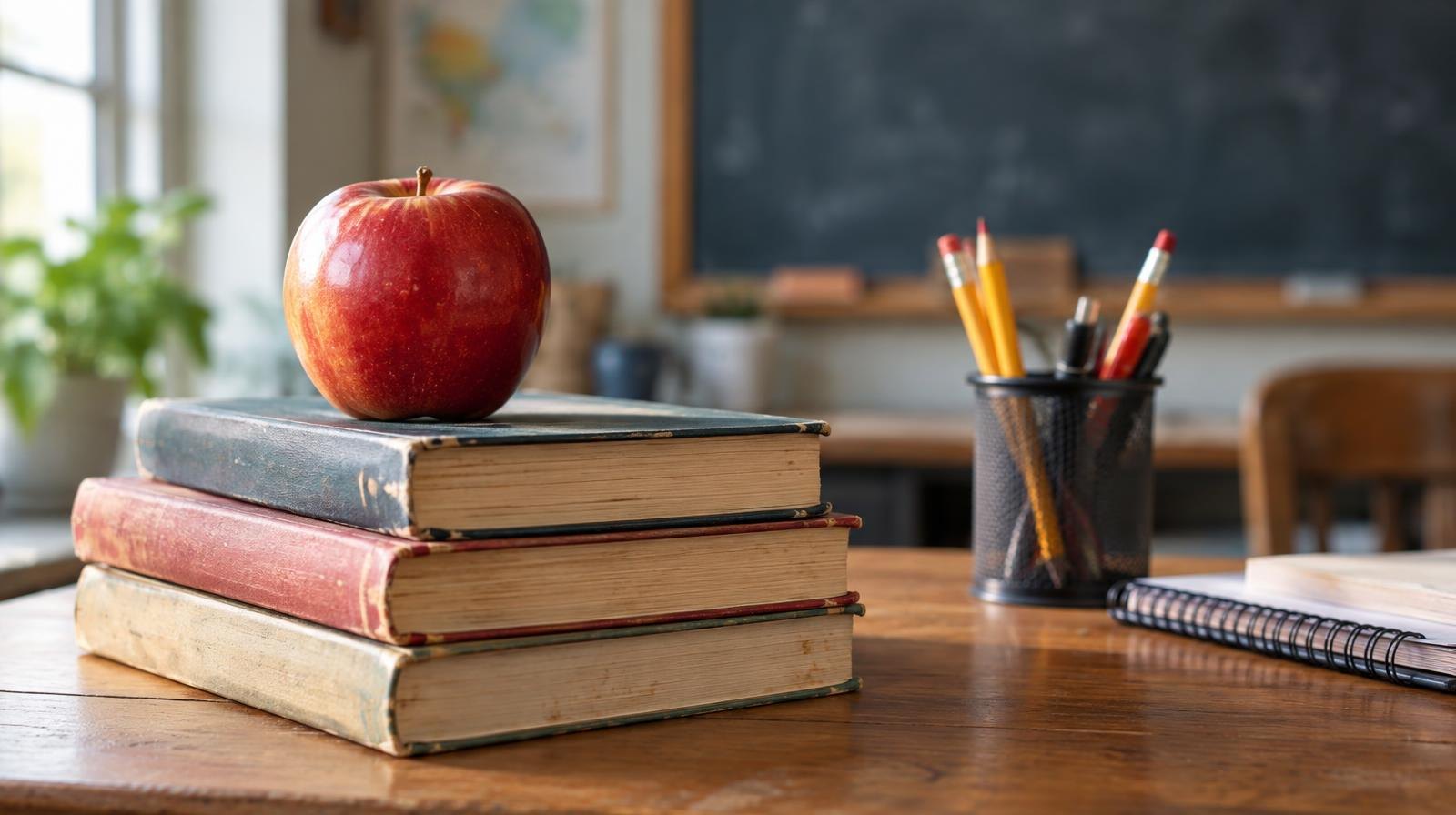 A red apple sitting on a stack of old hardcover textbooks on a wooden desk.