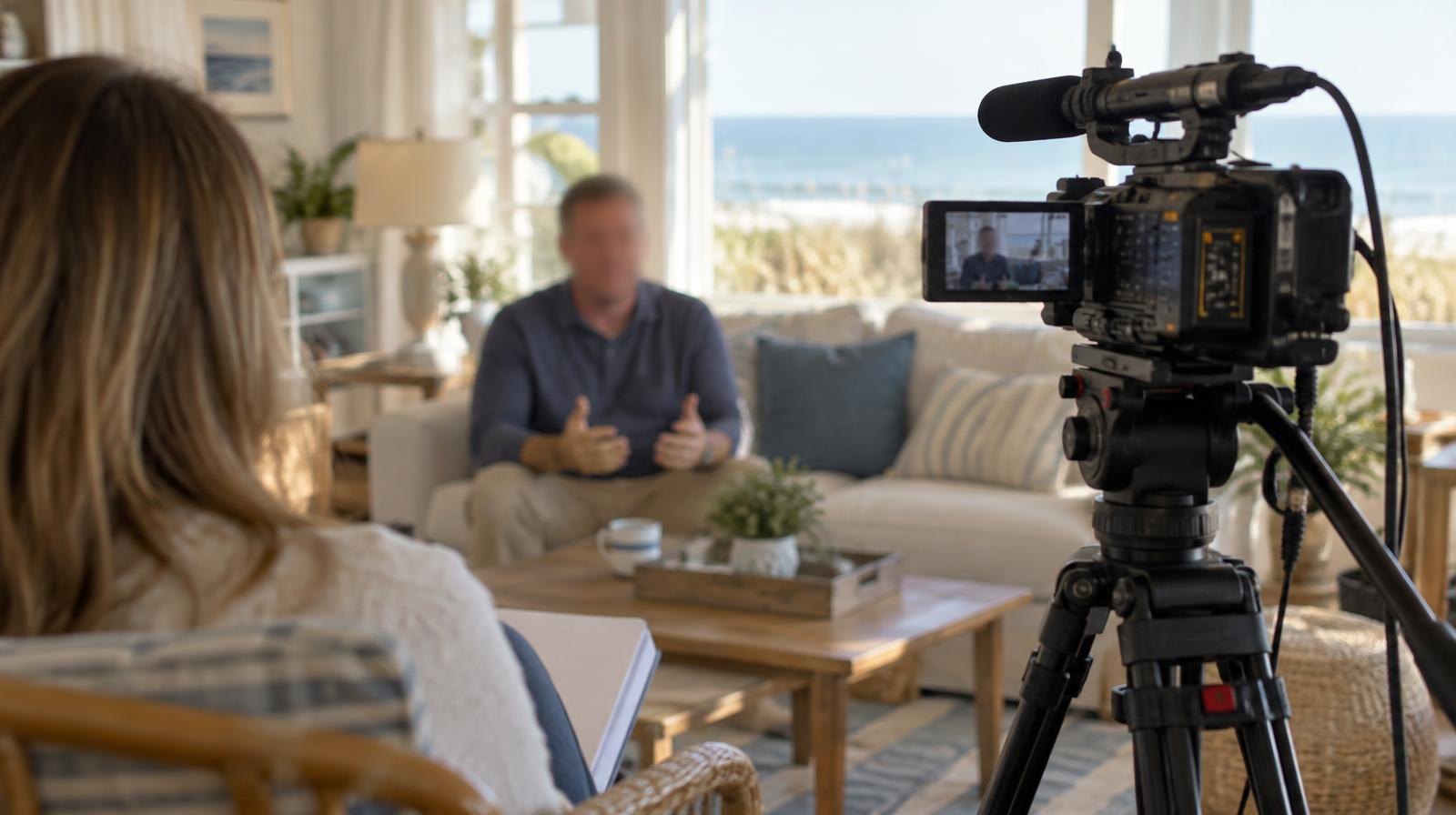 A professional video camera on a tripod inside a bright, sunlit living room.