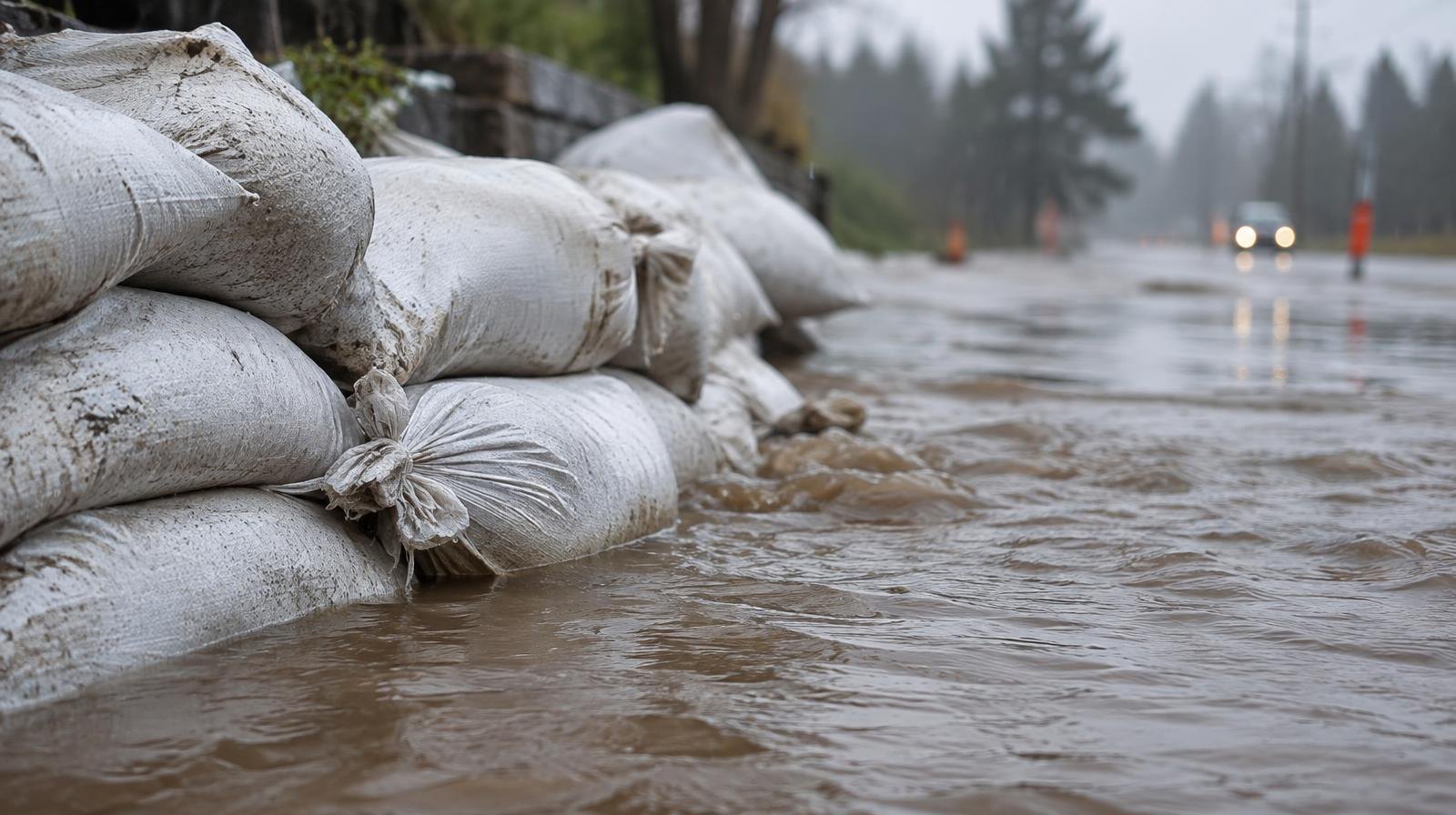 Sandbags stacked along a flooded road with brown water rising around them.