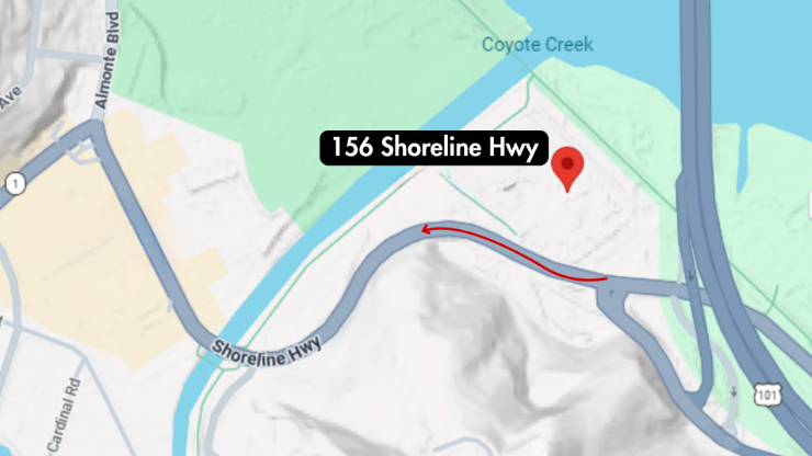 Map showing the location of 156 Shoreline Highway in Tam Valley, near Coyote Creek and the Highway 101 interchange, with an arrow marking the project site.