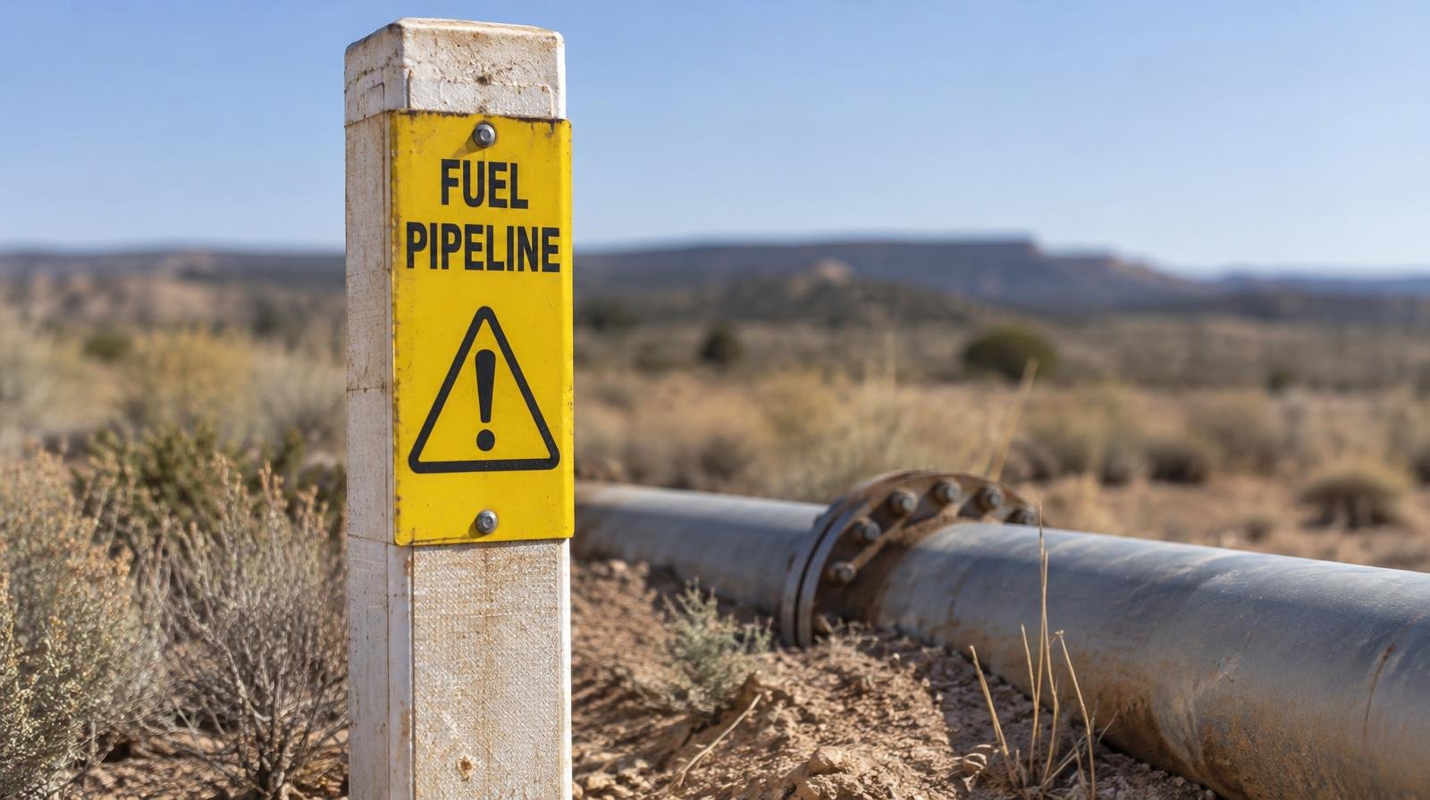 Yellow pipeline warning marker post standing in dry scrubland terrain.