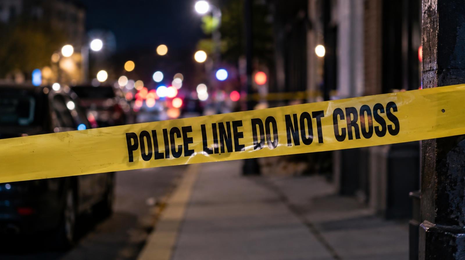 Yellow crime scene tape across a dark urban sidewalk with blurred streetlights behind it.