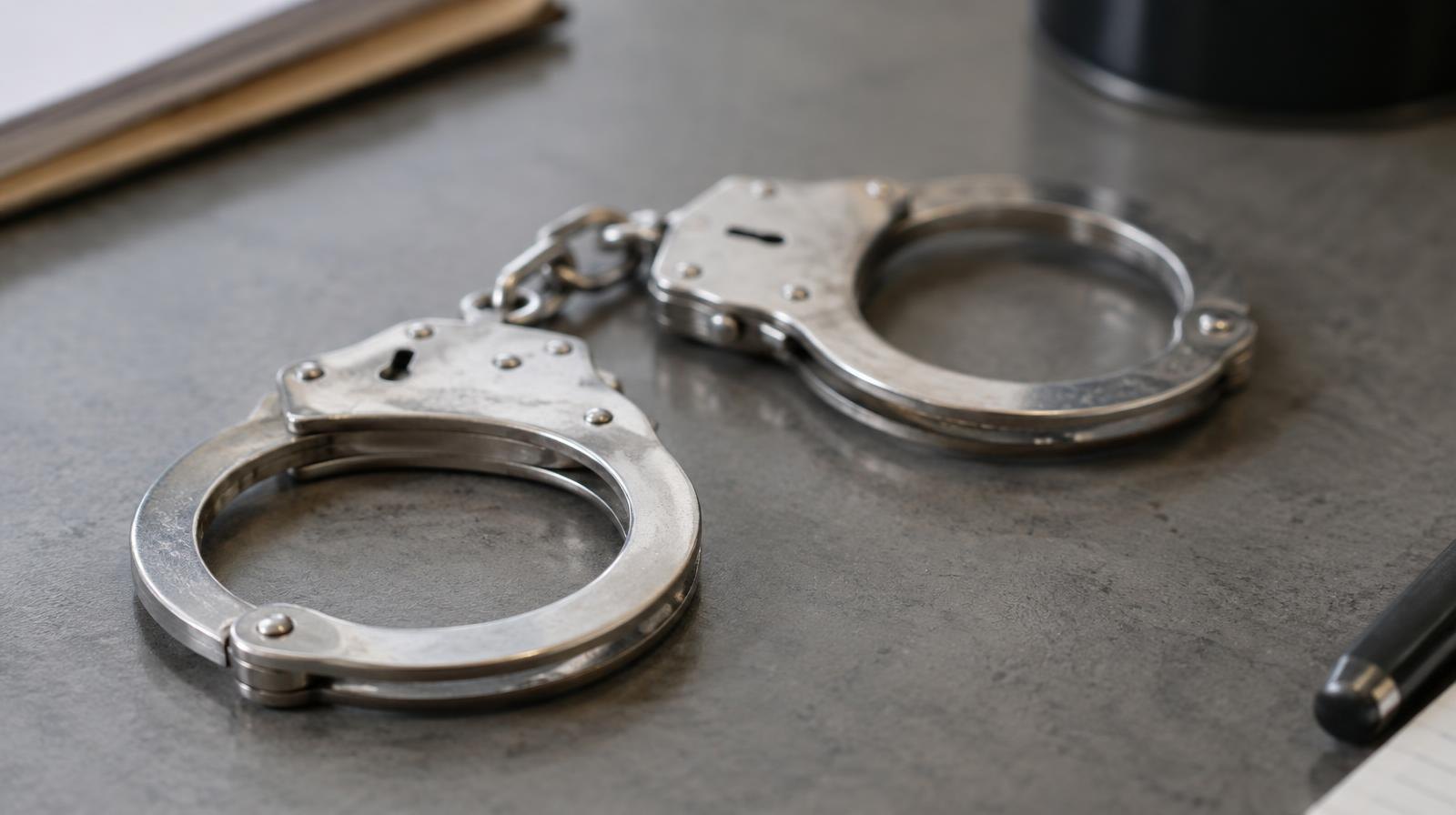 A pair of silver handcuffs resting on a plain surface.